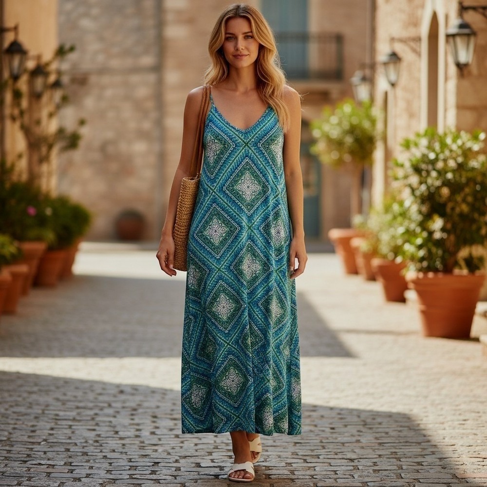 Boho Crochet Maxi Dress Womens Small Blue Beachy Resort Sleeveless Beach Summer